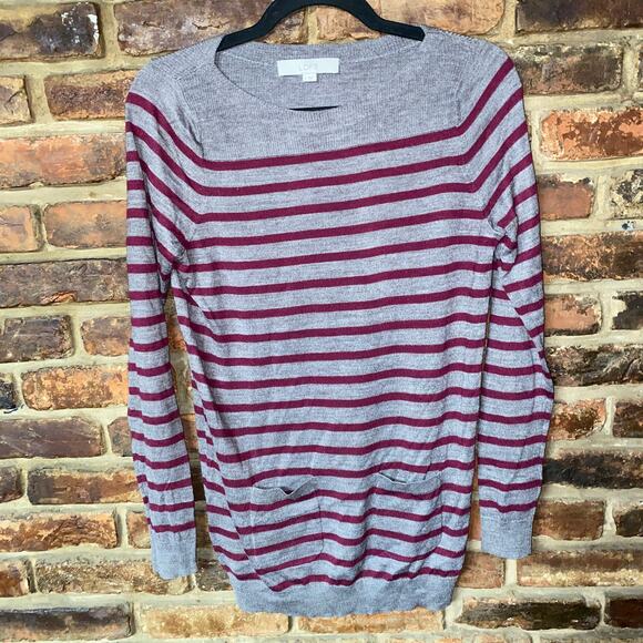 Ann Taylor LOFT Gray Burgundy Striped Knit Sweater Women's Size Small - Picture 1 of 6